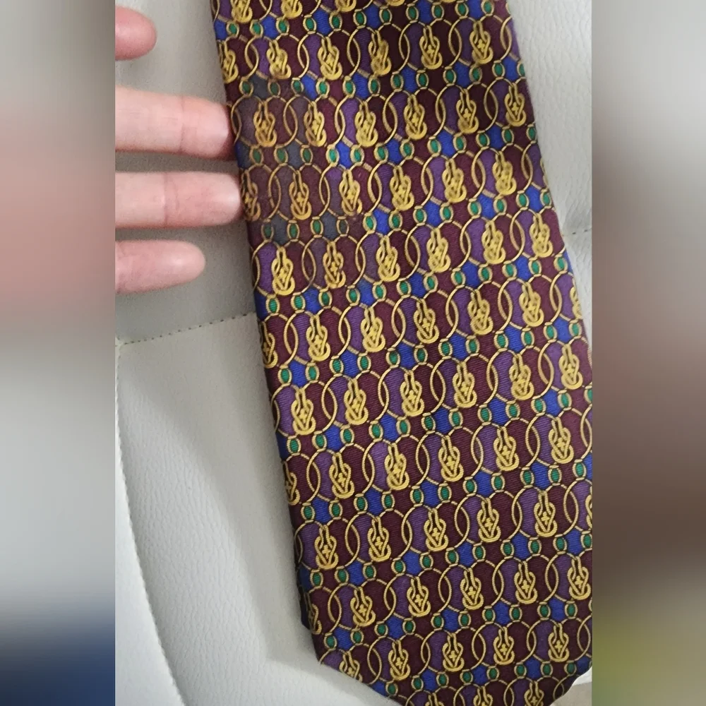 Dior Brown Silk Tie‎ with Blue and Gold Motif, Length: 44.5